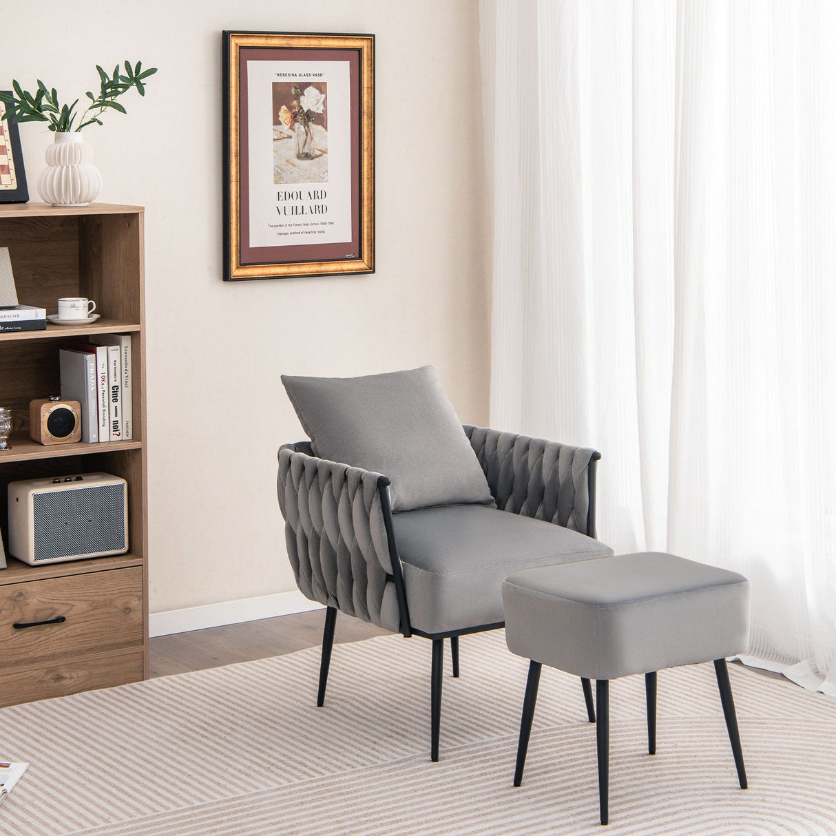 Juego de sillón decorativo y otomana modernos de terciopelo holandés con respaldo y brazos tejidos