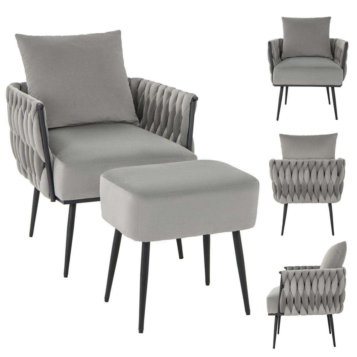 Juego de sillón decorativo y otomana modernos de terciopelo holandés con respaldo y brazos tejidos
