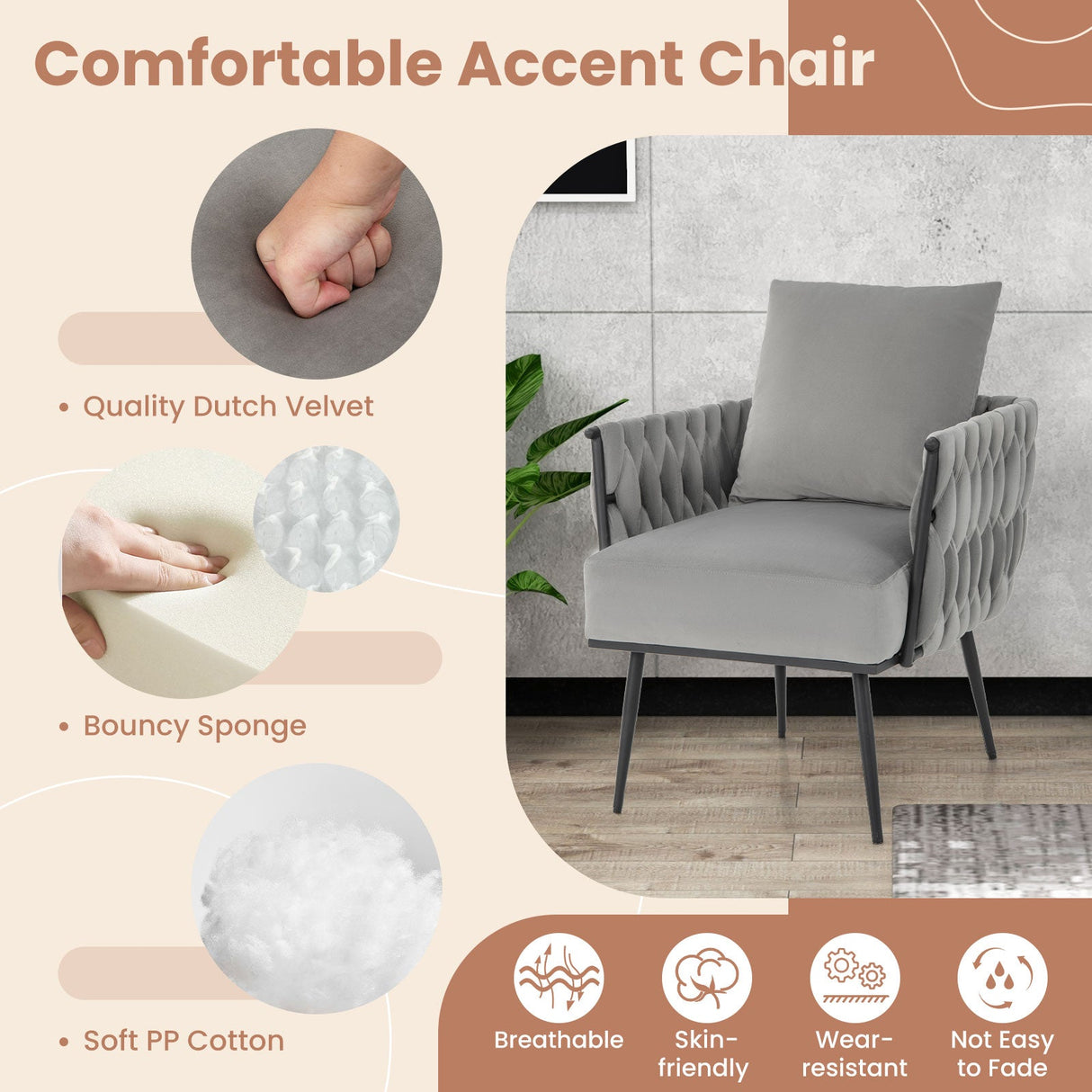Juego de sillón decorativo y otomana modernos de terciopelo holandés con respaldo y brazos tejidos