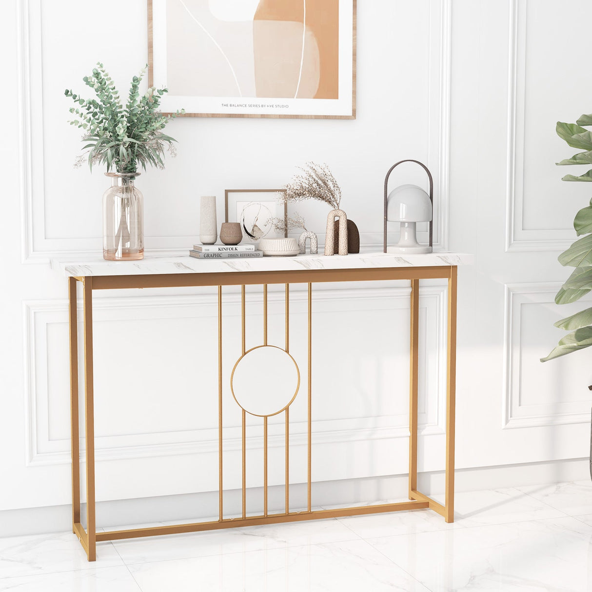 Mesa de entrada moderna con cubierta de imitación mármol-Blanco