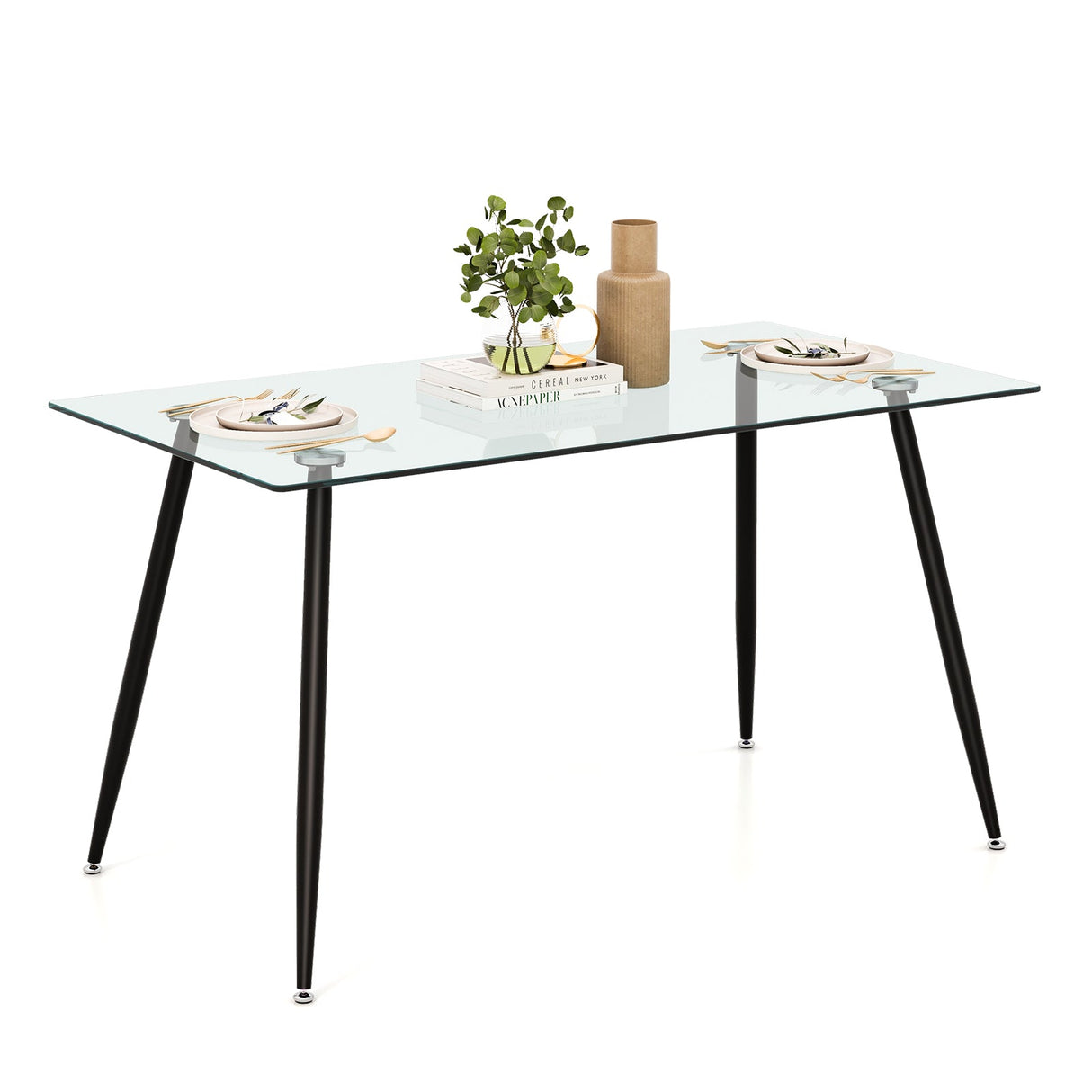 Mesa de comedor rectangular de cristal moderna con patas de metal