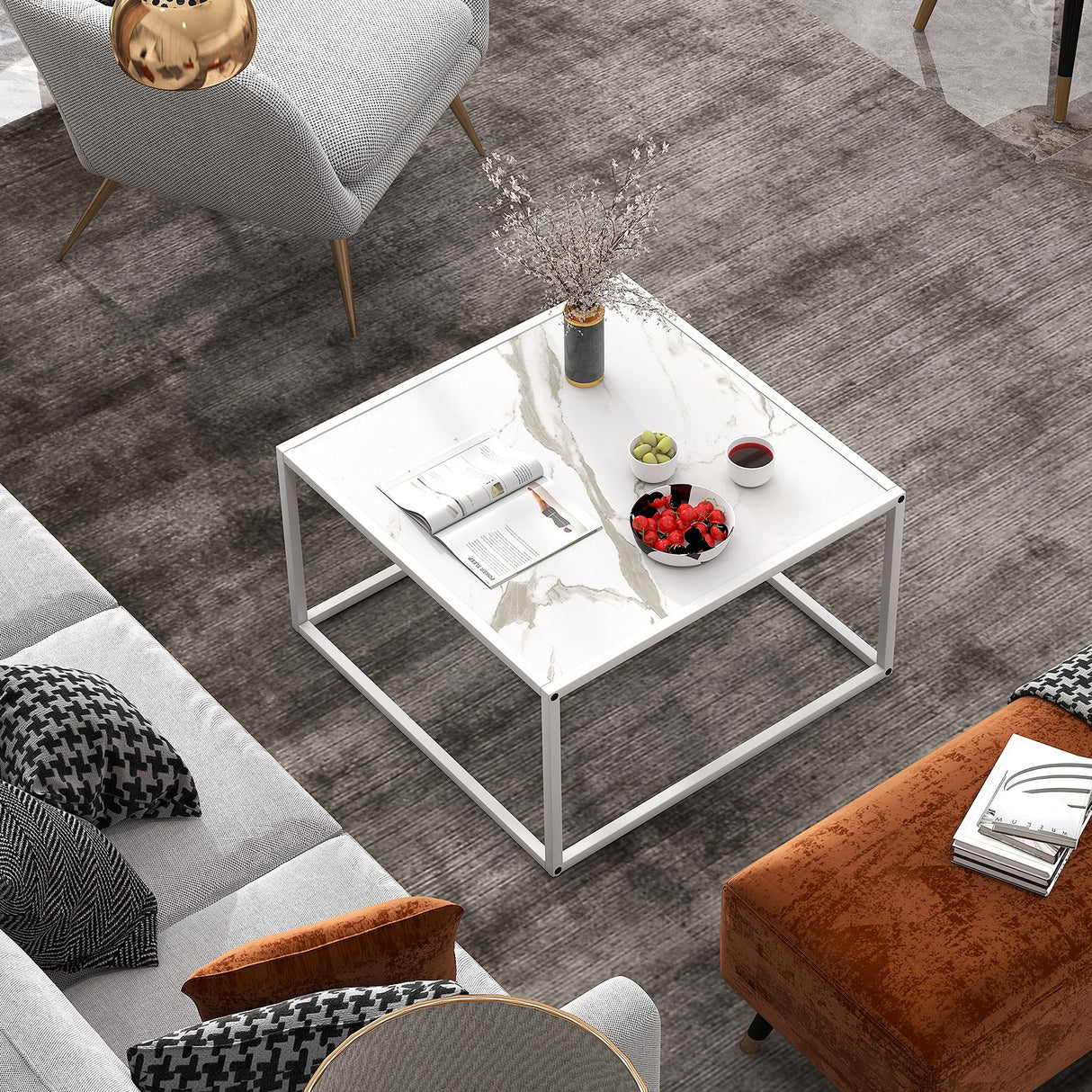 Mesa de centro cuadrada moderna de cristal con estructura de metal para sala de estar