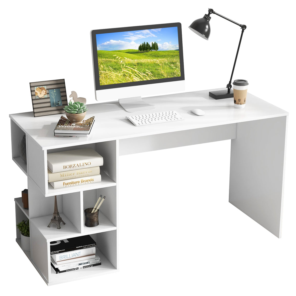 Escritorio de computadora moderno con estantes de almacenamiento de 3 niveles para oficina en casa - Blanco