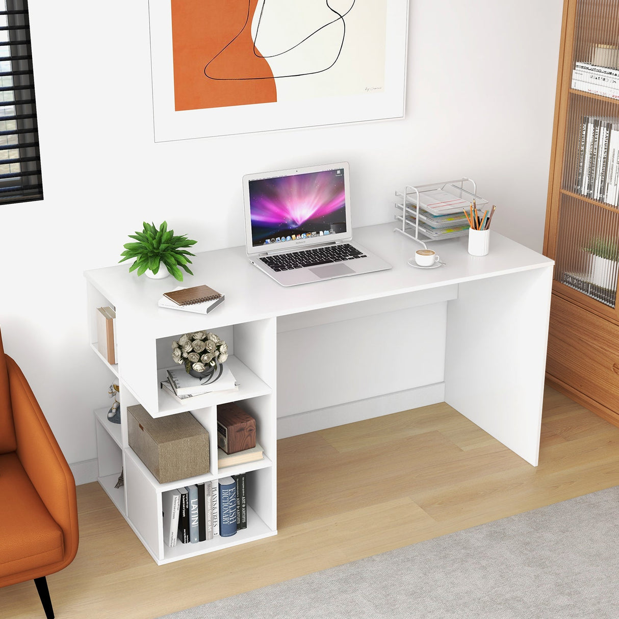 Escritorio de computadora moderno con estantes de almacenamiento de 3 niveles para oficina en casa - Blanco