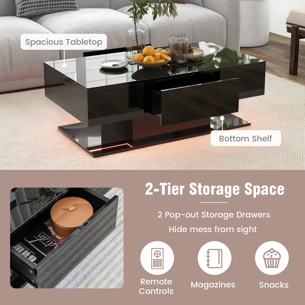 Mesa de centro LED moderna con luces LED de 20 colores y 2 cajones de almacenamiento