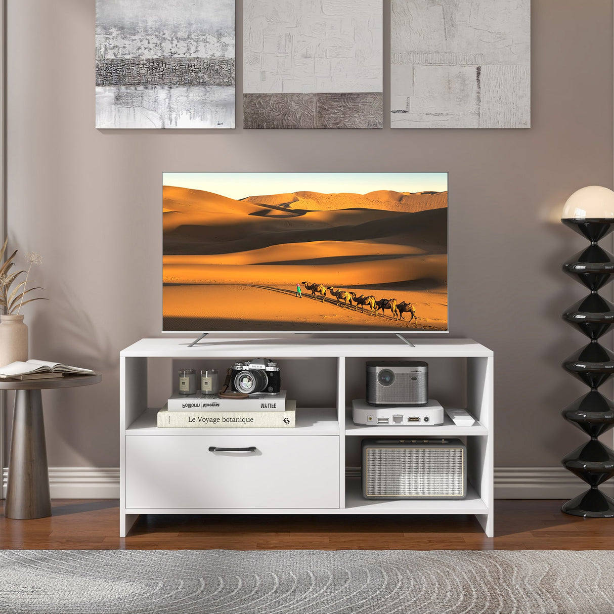 Mueble Moderno para TV con 3 Compartimentos Abiertos y 1 Cajón de Almacenamiento - Blanco