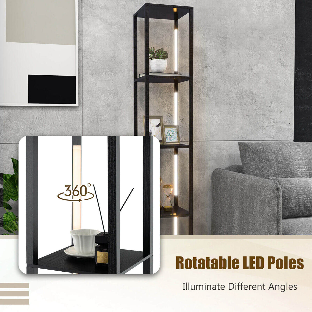 Lámpara de pie de 64 pulgadas con bombillas LED regulables de 3 niveles y postes LED giratorios-Negro