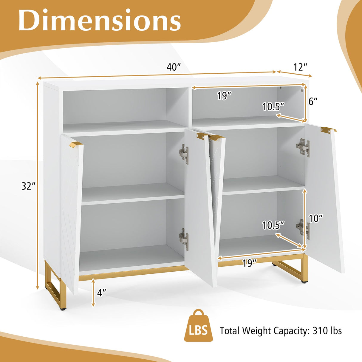 Aparador moderno con 4 puertas y estantes ajustables - Blanco