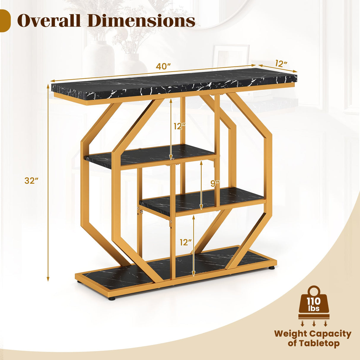 Mesa auxiliar de sofá moderna detrás del sofá, mesa consola de 4 niveles con superficie de mármol sintético - Negro