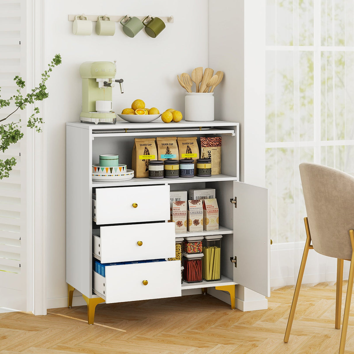 Cómoda con puerta de cristal estriado abatible para dormitorio o cocina-Gris