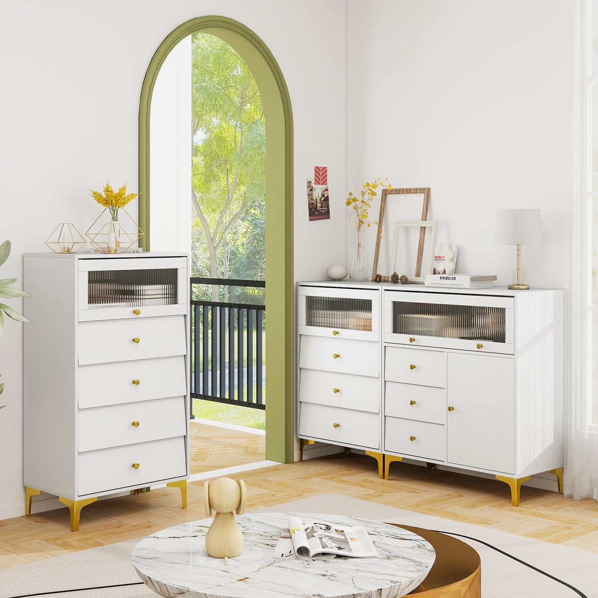 Cómoda con puerta de cristal estriado abatible para dormitorio o cocina-Gris