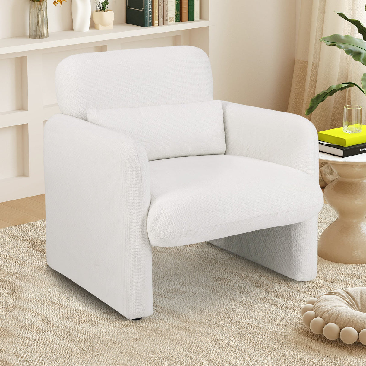 Sillón decorativo moderno tapizado en chenilla con almohada lumbar extraíble - Blanco