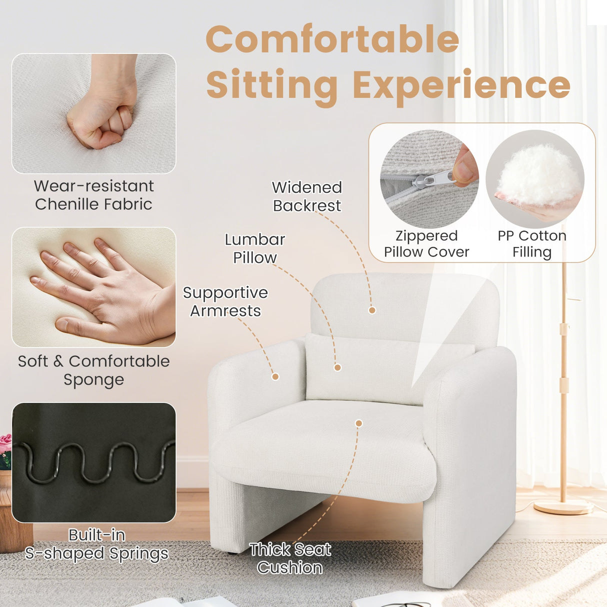 Sillón decorativo moderno tapizado en chenilla con almohada lumbar extraíble - Blanco