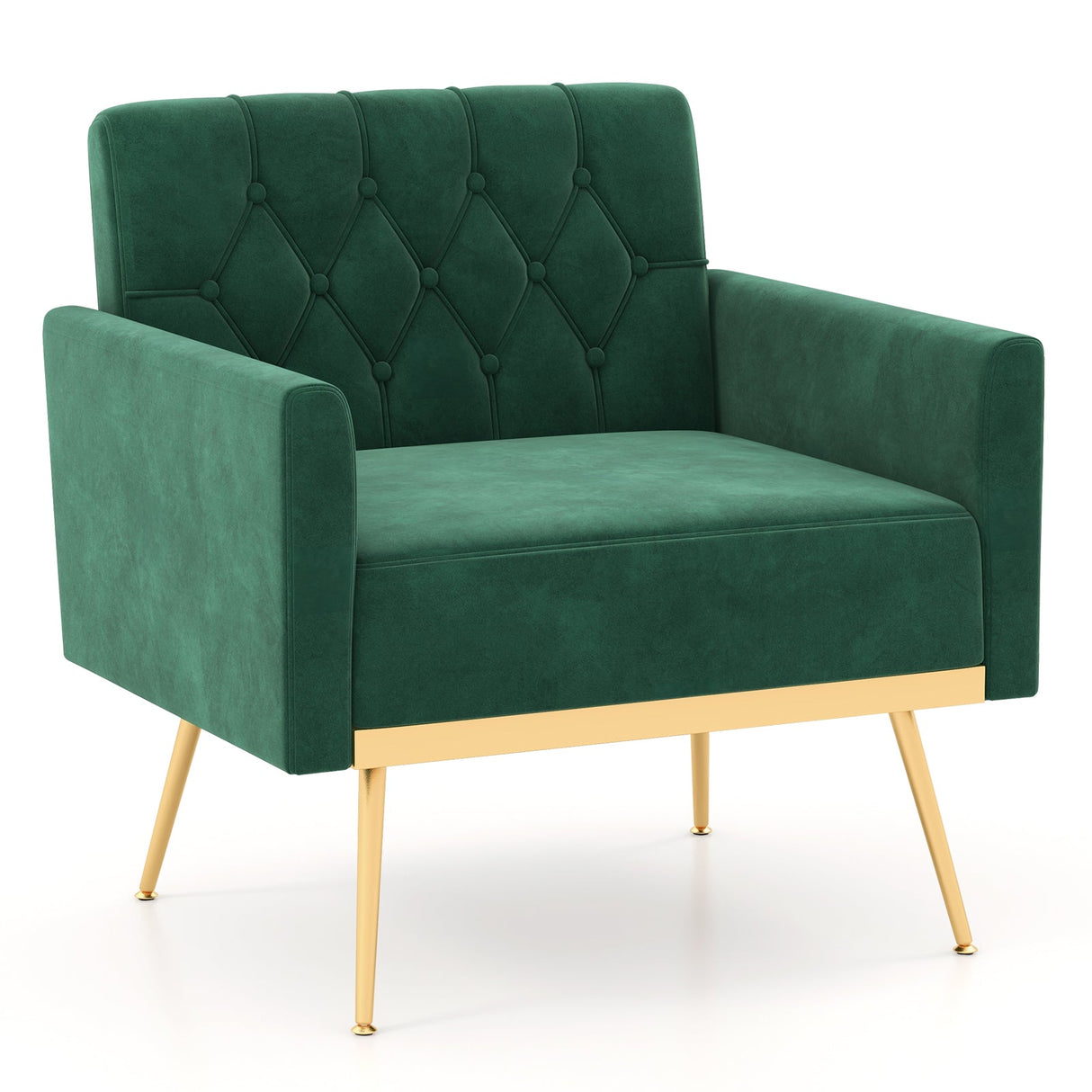 Sillón Moderno de Terciopelo con Respaldo Acolchado Botoné, Patas de Metal Doradas y Almohadillas Ajustables para los Pies