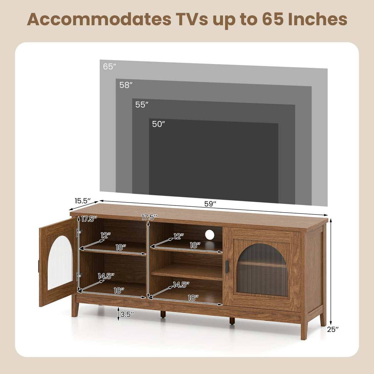 Mueble para TV Moderno Vintage con Estantes Ajustables y 2 Orificios para Cables para Televisores de hasta 65 Pulgadas