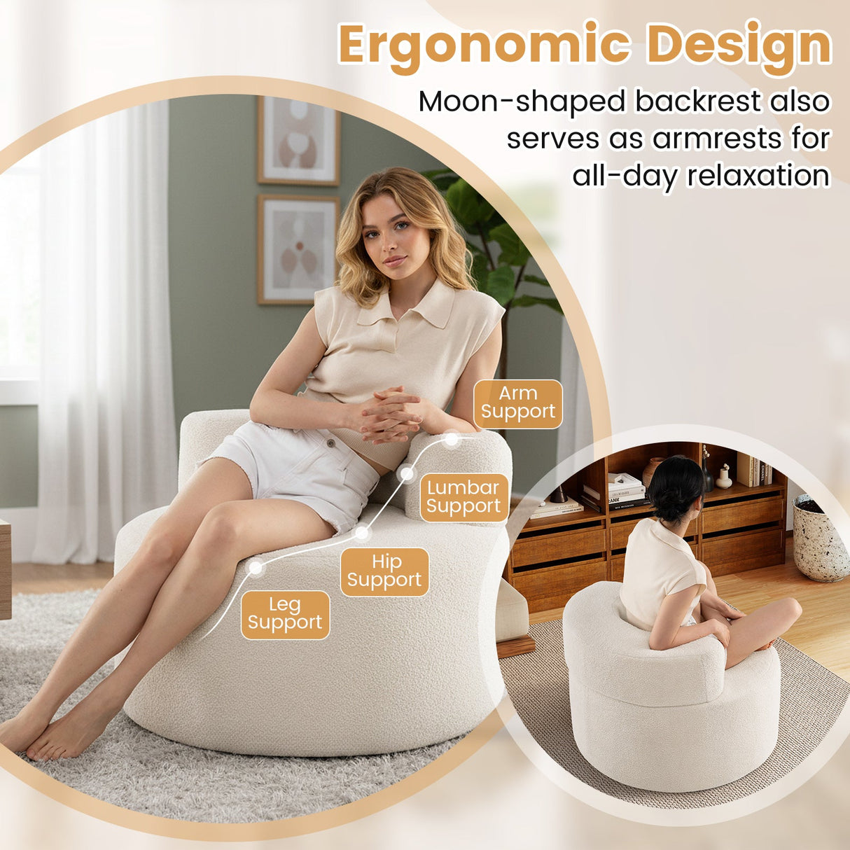 Sillón individual con forma de luna y suave forro de piel de osito - Beige