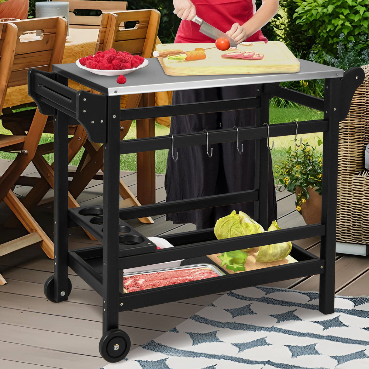 Mesa de carrito de comedor exterior móvil con tapa de acero inoxidable para horno de pizza HDPE - Negro