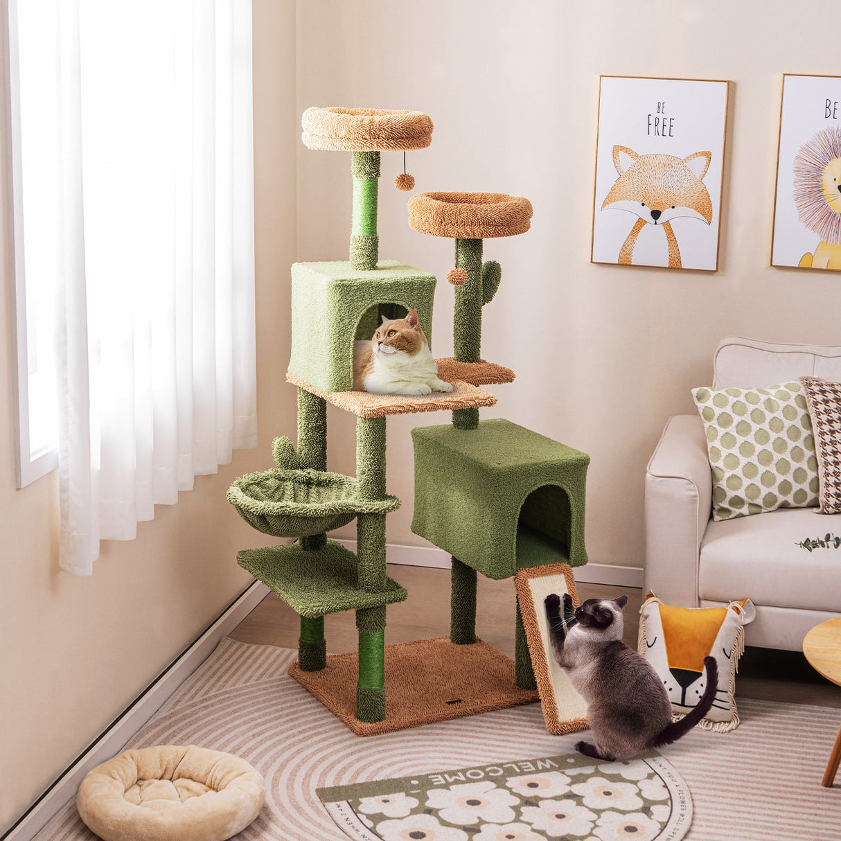 Árbol para gatos tipo cactus de varios niveles con postes rascadores, escalera, dos condominios y cama de juguetes - Verde