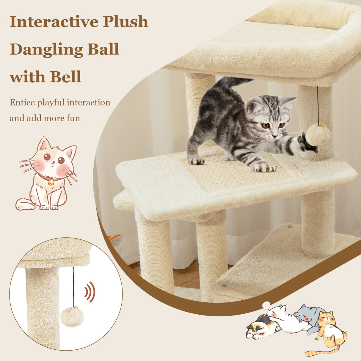 Árbol para gatos con percha y pelota colgante para juego y descanso en interiores