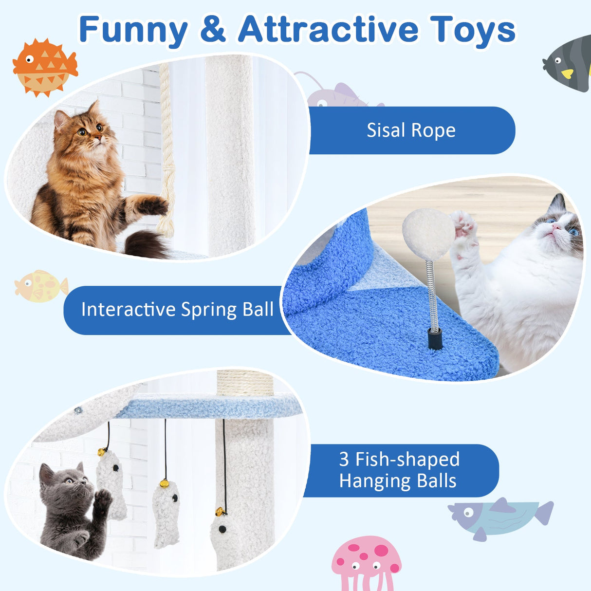 Rascador multinivel para gatos con temática marina y postes rascadores cubiertos de sisal - Azul