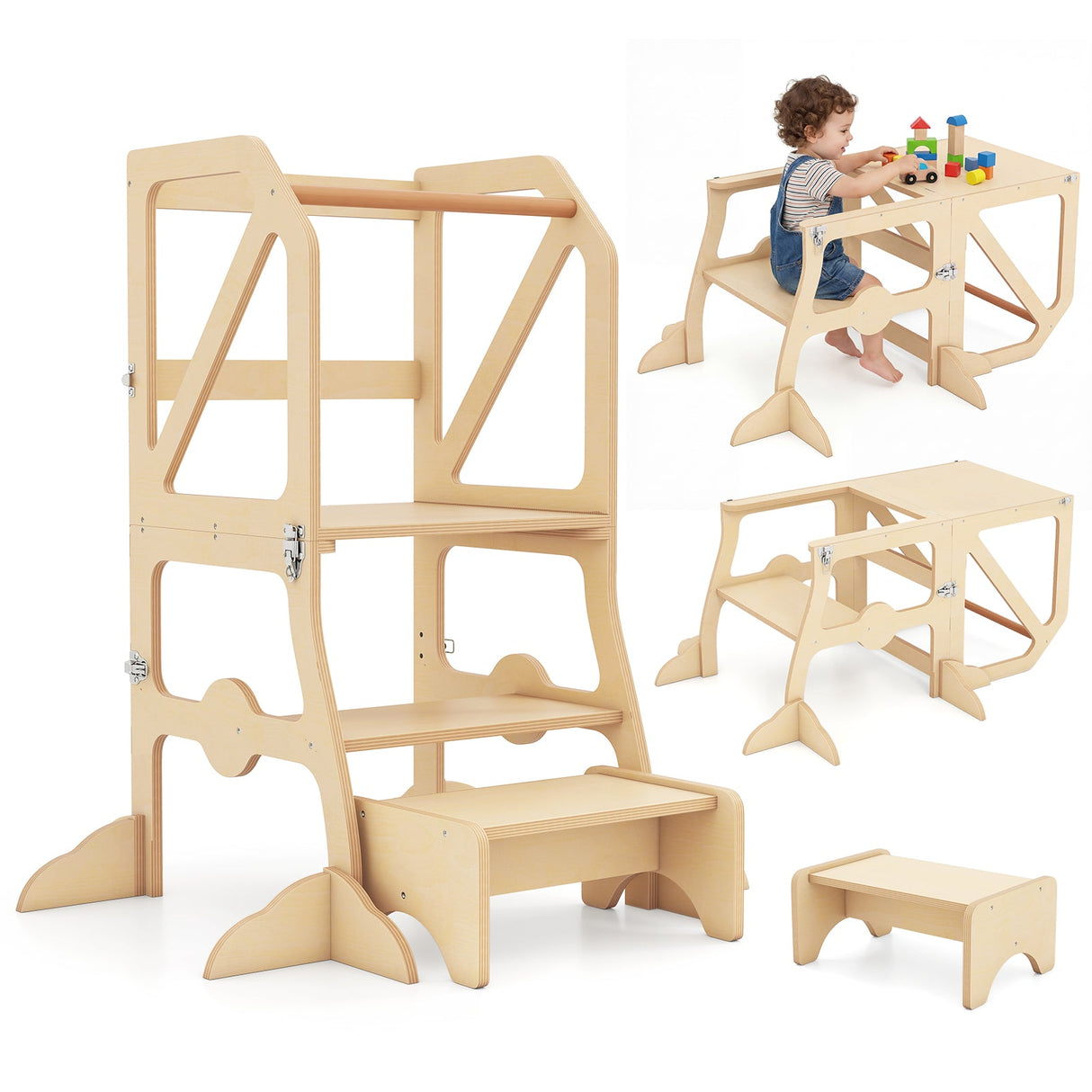 Taburete multifuncional de cocina para niños con barra de seguridad extraíble y hebillas de fijación