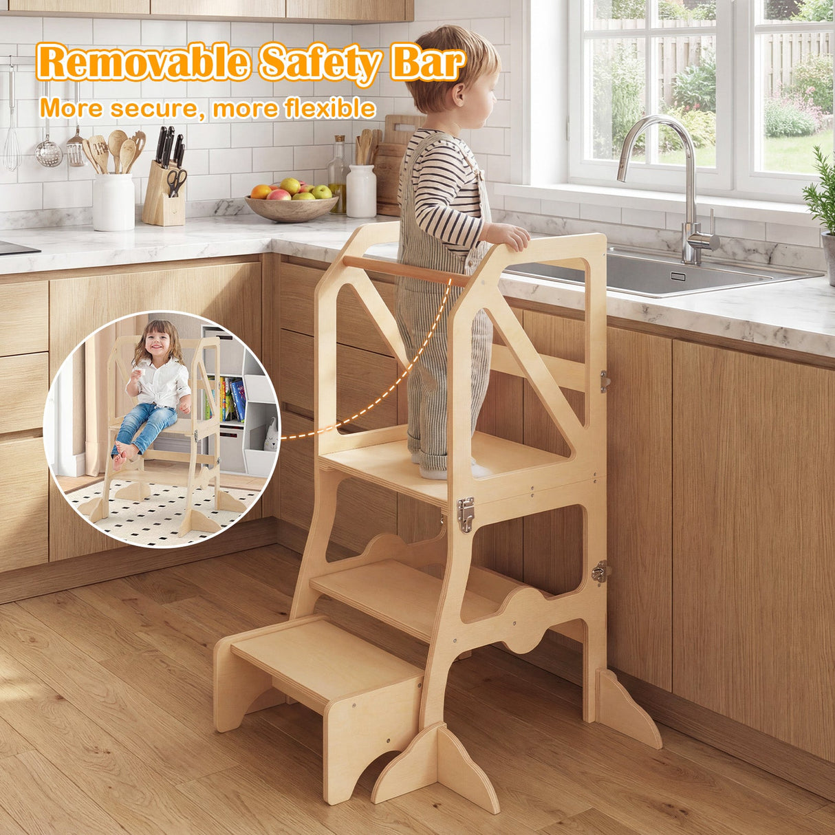 Taburete multifuncional de cocina para niños con barra de seguridad extraíble y hebillas de fijación