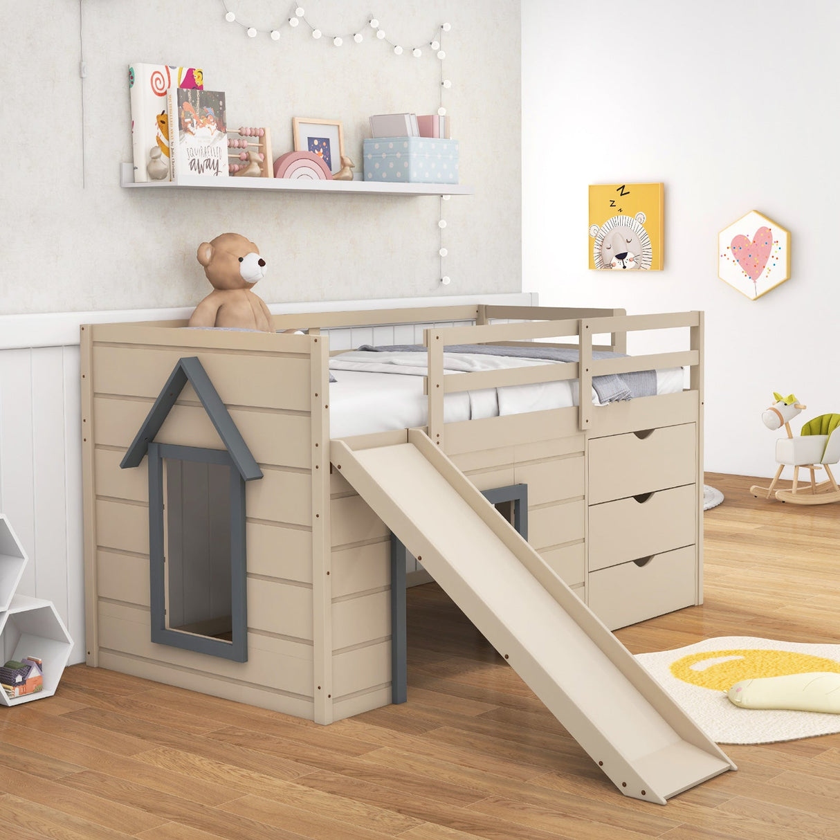 Cama alta doble 3 en 1 con tobogán, escalera y cajones para niños y adolescentes - Beige