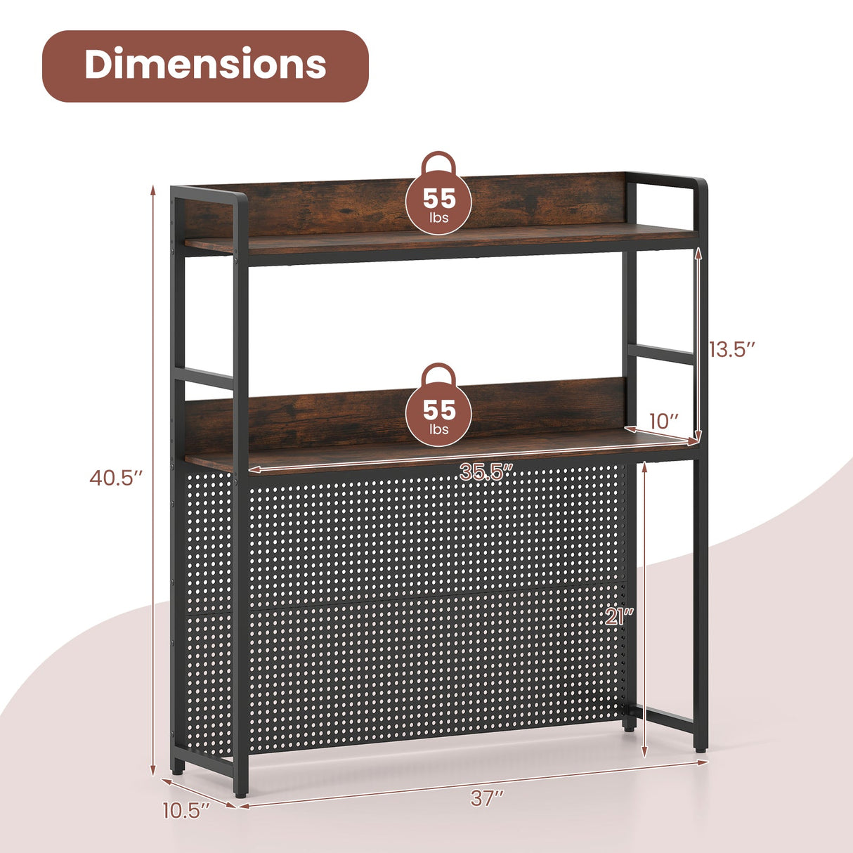 Estantería de escritorio multiusos de 2 niveles con tablero perforado para monitor de computadora de hasta 32 pulgadas - Marrón rústico