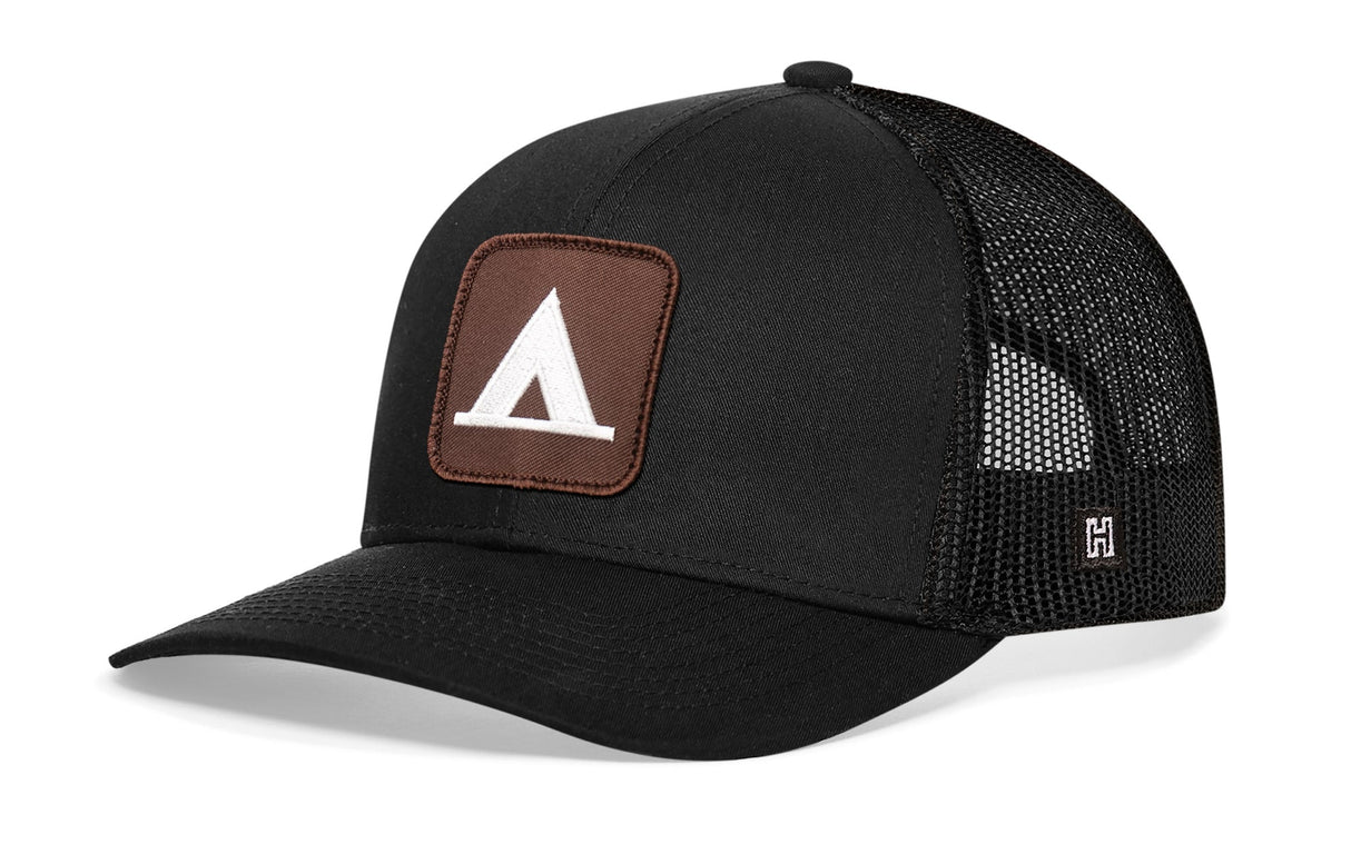 Tent Trucker Hat | Black Campground Trail Signs Snapback