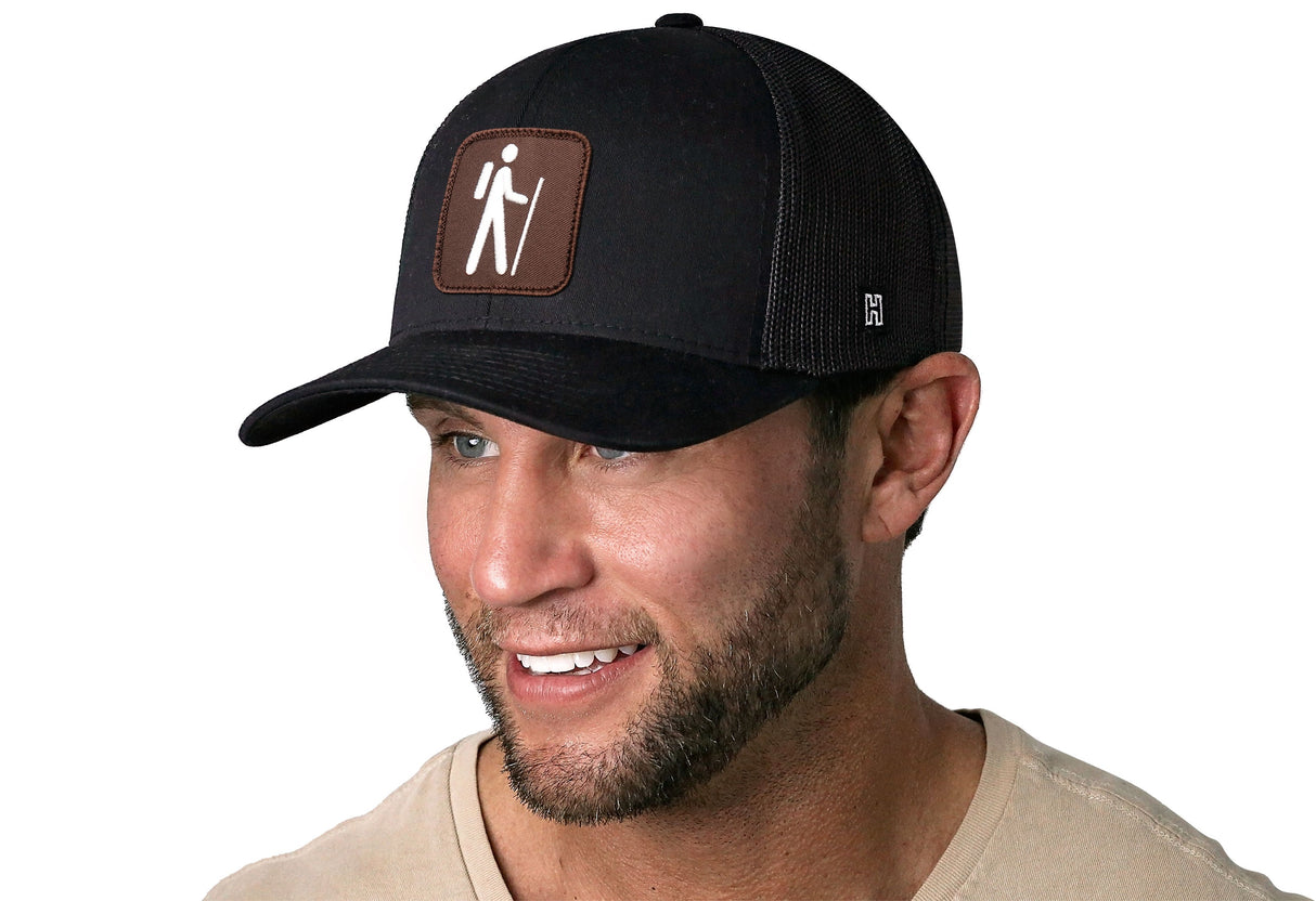 Hiking Trucker Hat | Black Campground Trail Signs Snapback