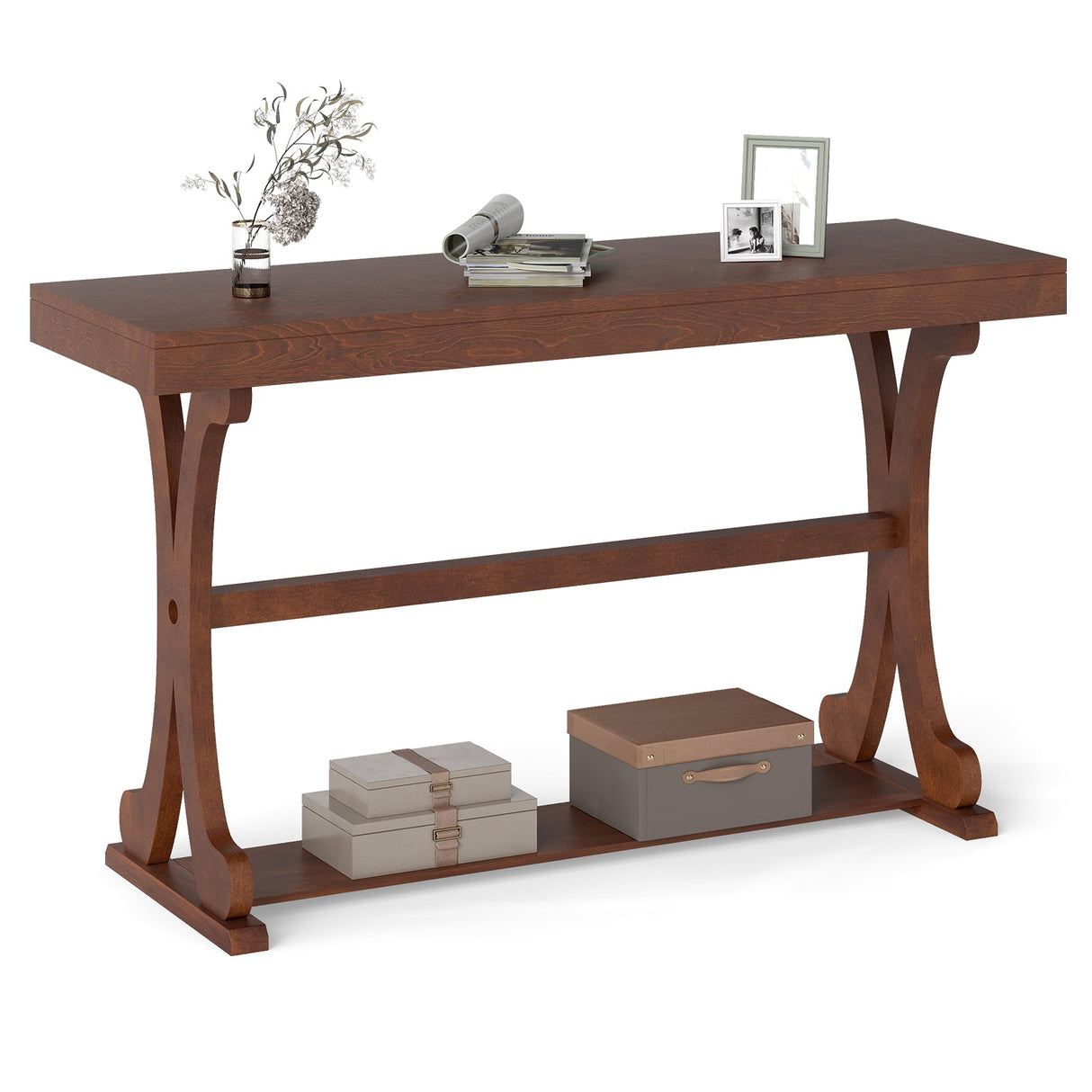 Narrow Console Table Vintage 52 Inch Long with Open Storage Shelf