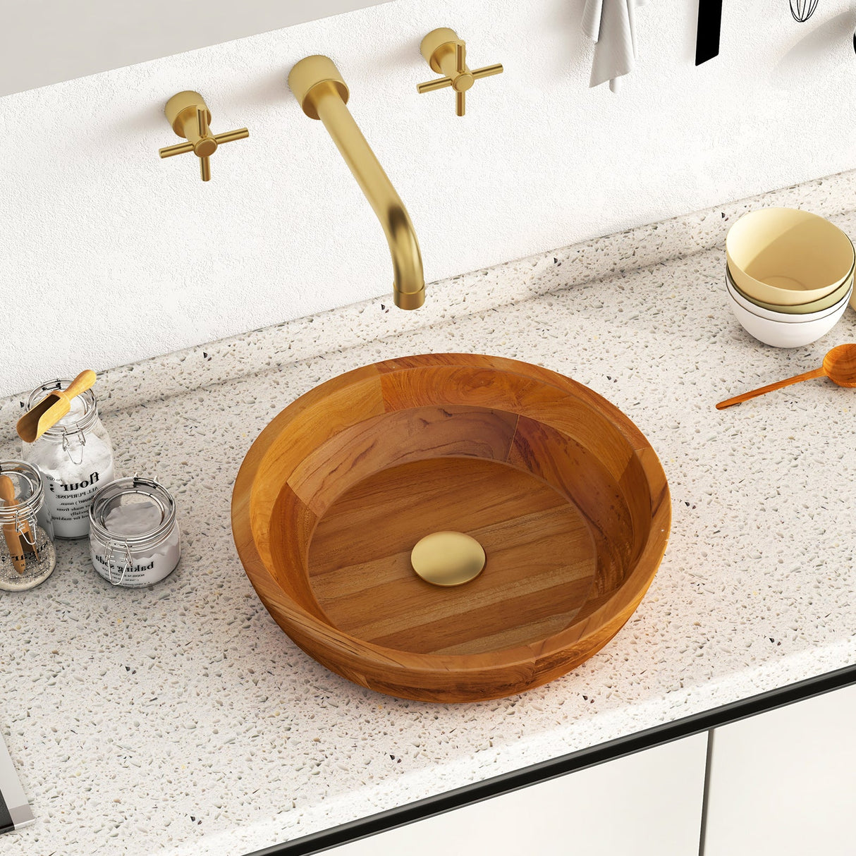 16 Inch Teak Wood Washbasin with Drainage Hole and Rounded Corners