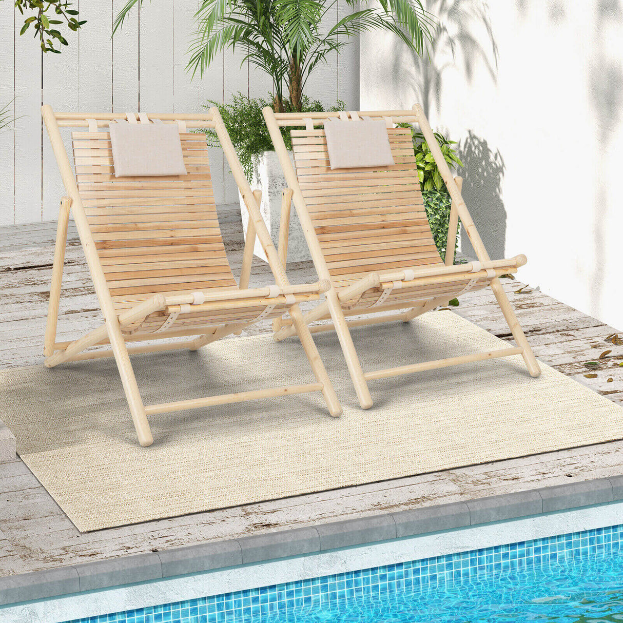 Sillón de madera de abeto macizo con respaldo ajustable en 3 niveles y reposacabezas acolchado suave - Natural