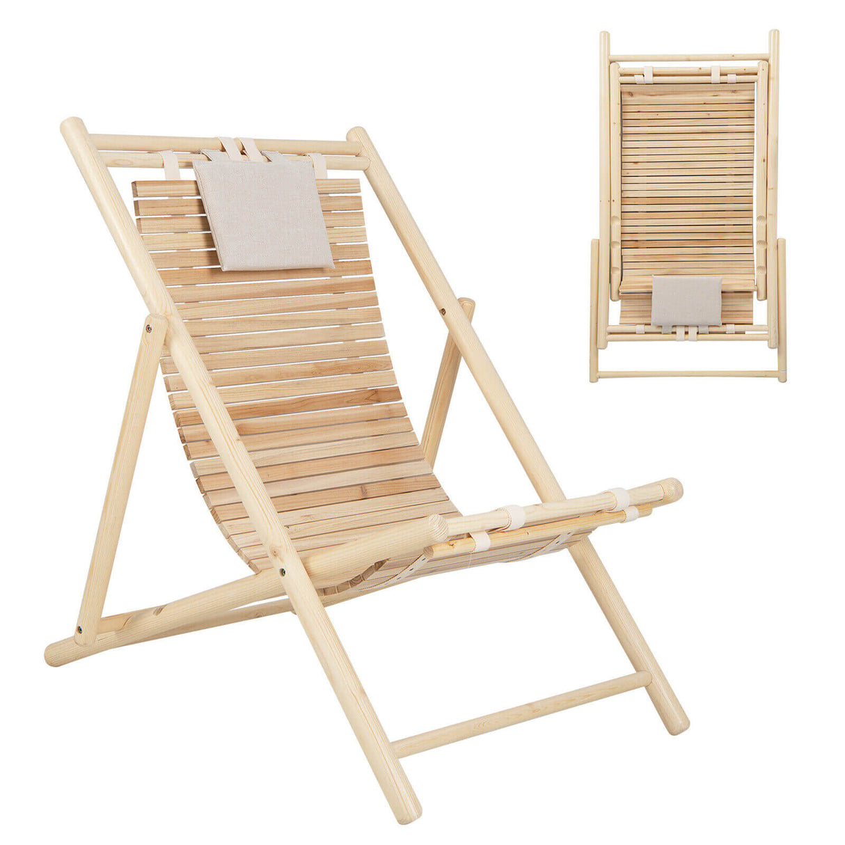 Sillón de madera de abeto macizo con respaldo ajustable en 3 niveles y reposacabezas acolchado suave - Natural