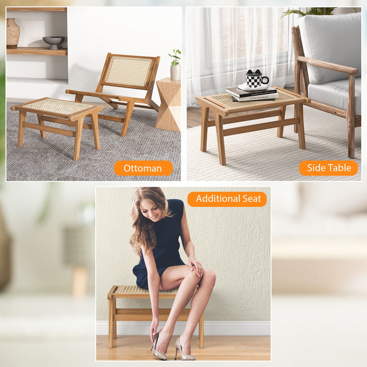 Reposapiés de madera de teca natural con ratán tejido a mano