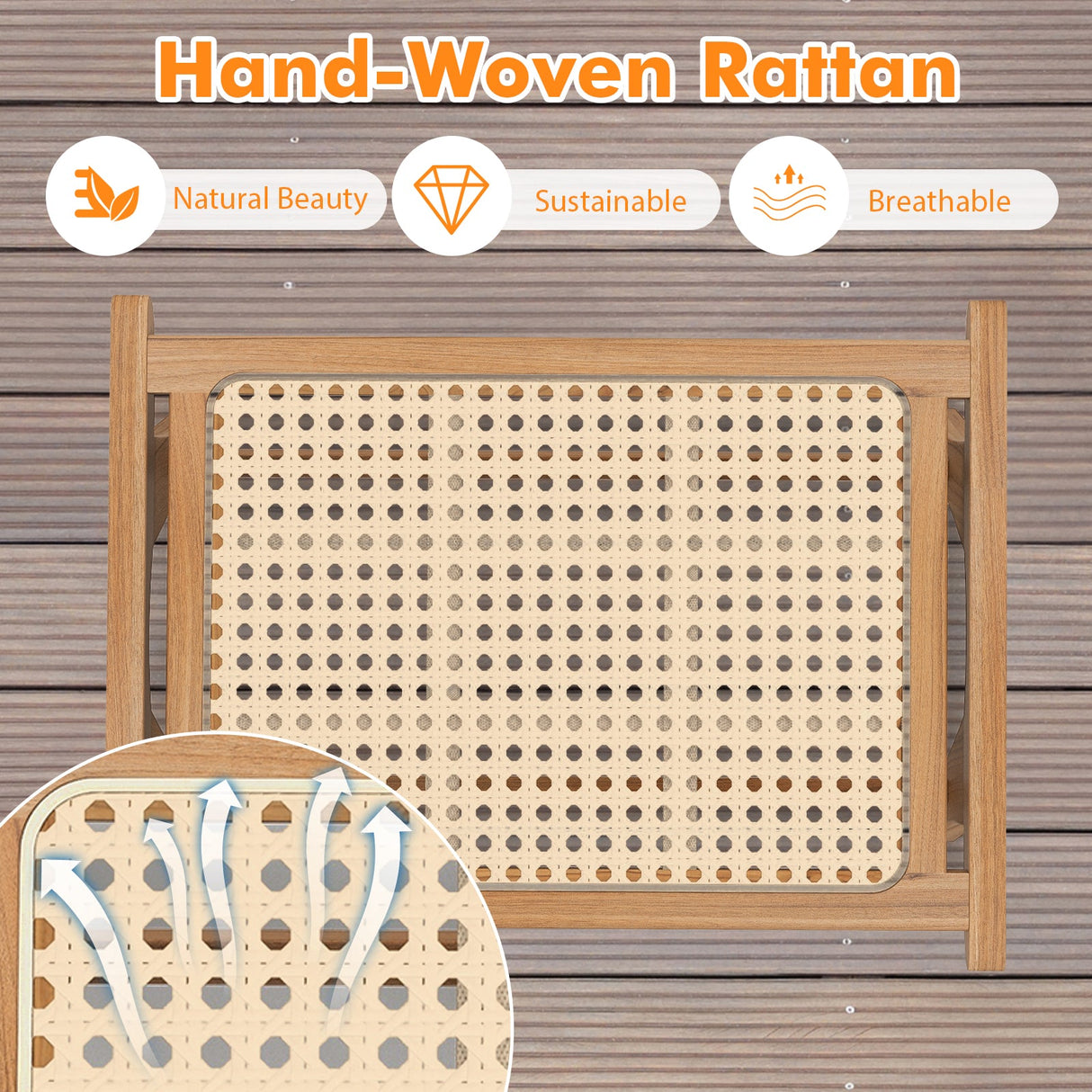 Reposapiés de madera de teca natural con ratán tejido a mano