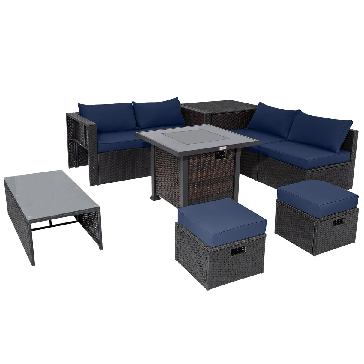 Juego de muebles de patio de 9 piezas con mesa de brasero de 32" y brasero de propano cuadrado de 50000 BTU
