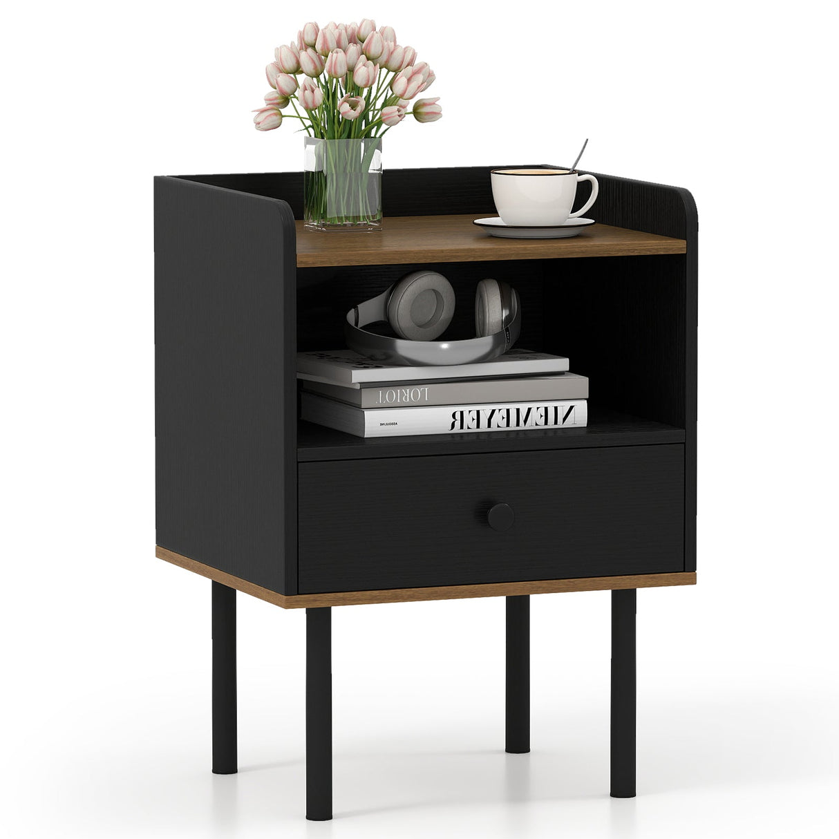 Mesa de Noche con Cajón, Mesa Auxiliar de Sofá de 3 Niveles con Estante de Almacenamiento Abierto - Negro