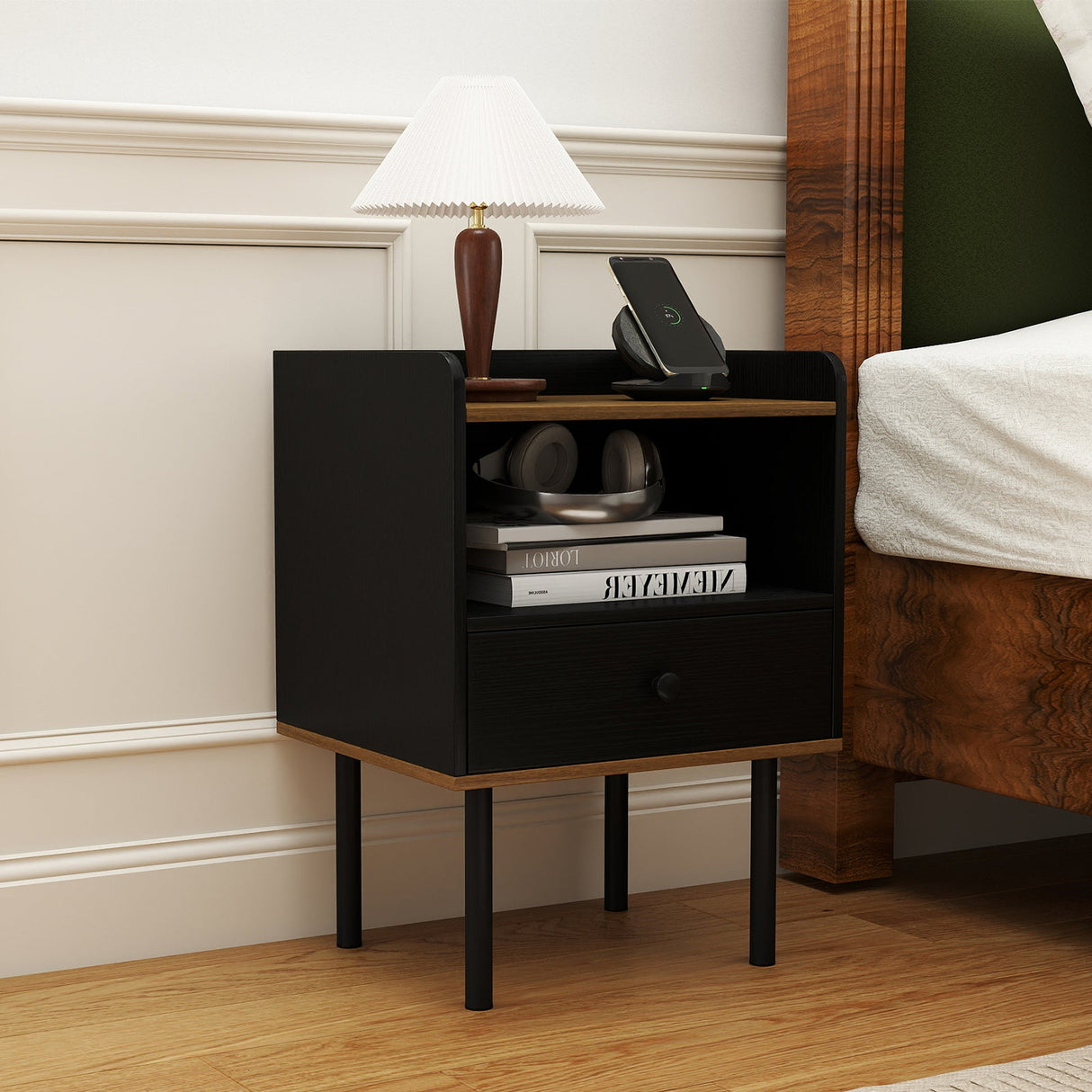 Mesa de Noche con Cajón, Mesa Auxiliar de Sofá de 3 Niveles con Estante de Almacenamiento Abierto - Negro