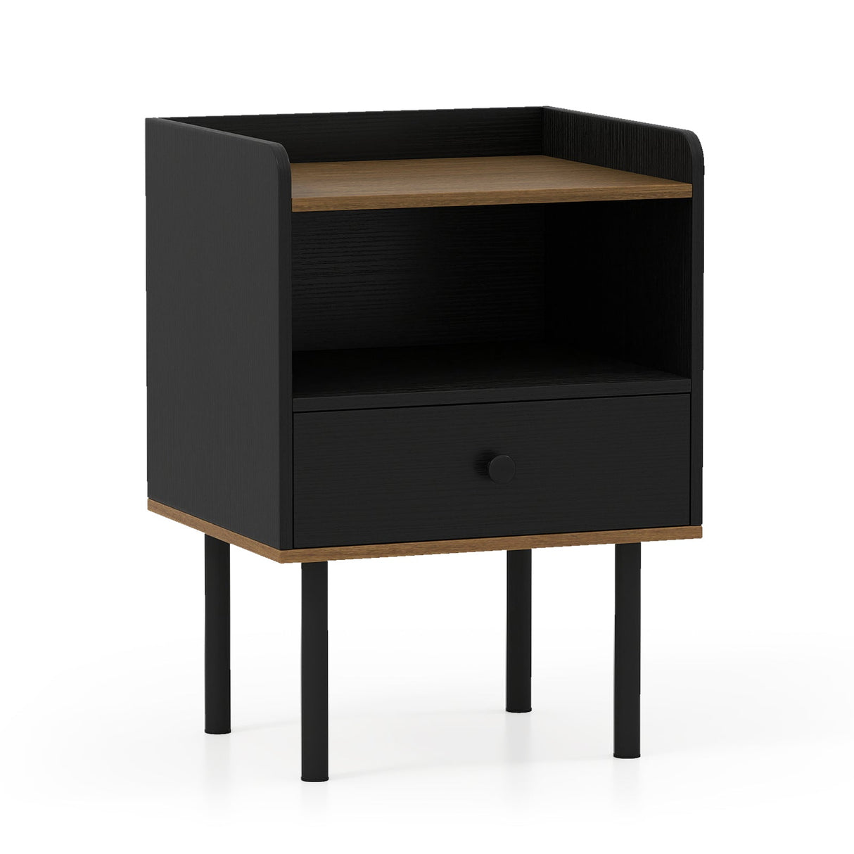 Mesa de Noche con Cajón, Mesa Auxiliar de Sofá de 3 Niveles con Estante de Almacenamiento Abierto - Negro
