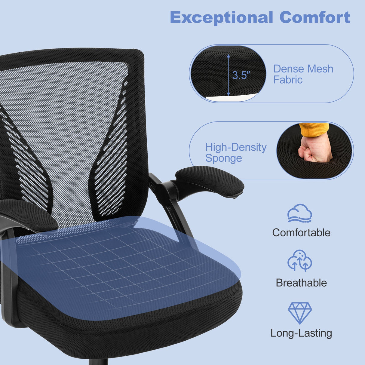 Silla de oficina ergonómica, silla giratoria ajustable con reposabrazos abatibles y respaldo reclinable - Negro