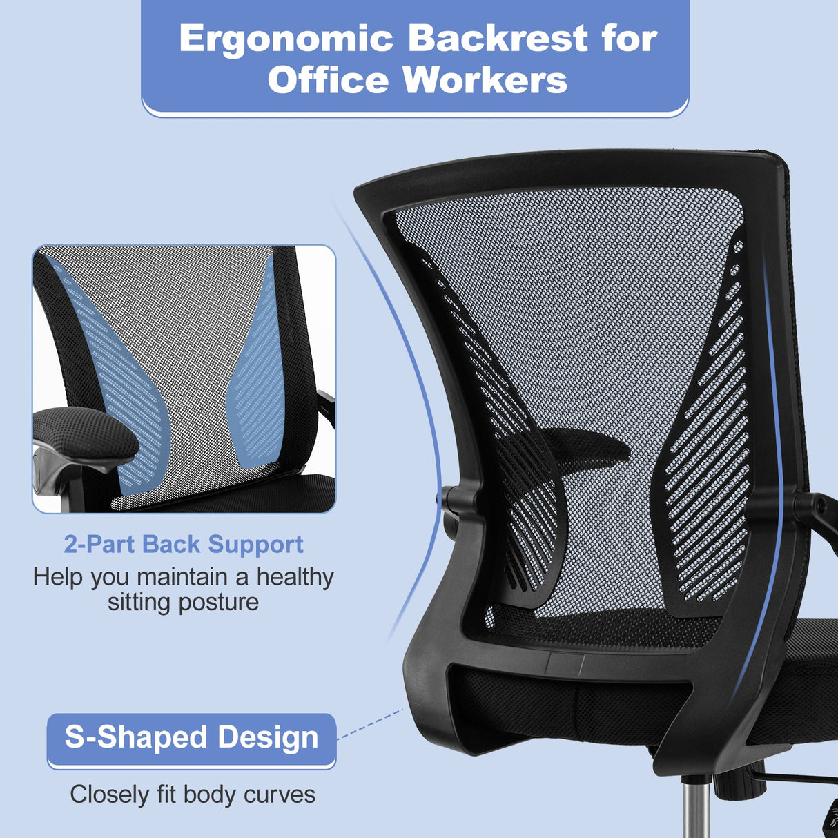 Silla de oficina ergonómica, silla giratoria ajustable con reposabrazos abatibles y respaldo reclinable - Negro
