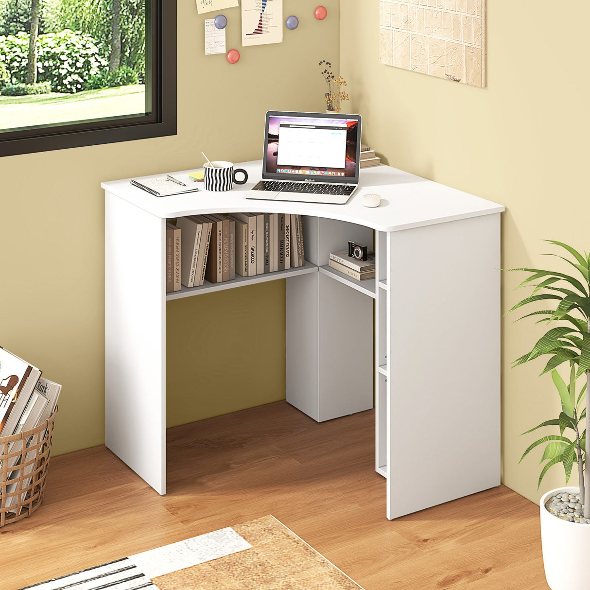 Escritorio esquinero para computadora, escritorio triangular para oficina en casa con estante ajustable y perfil en forma de arco