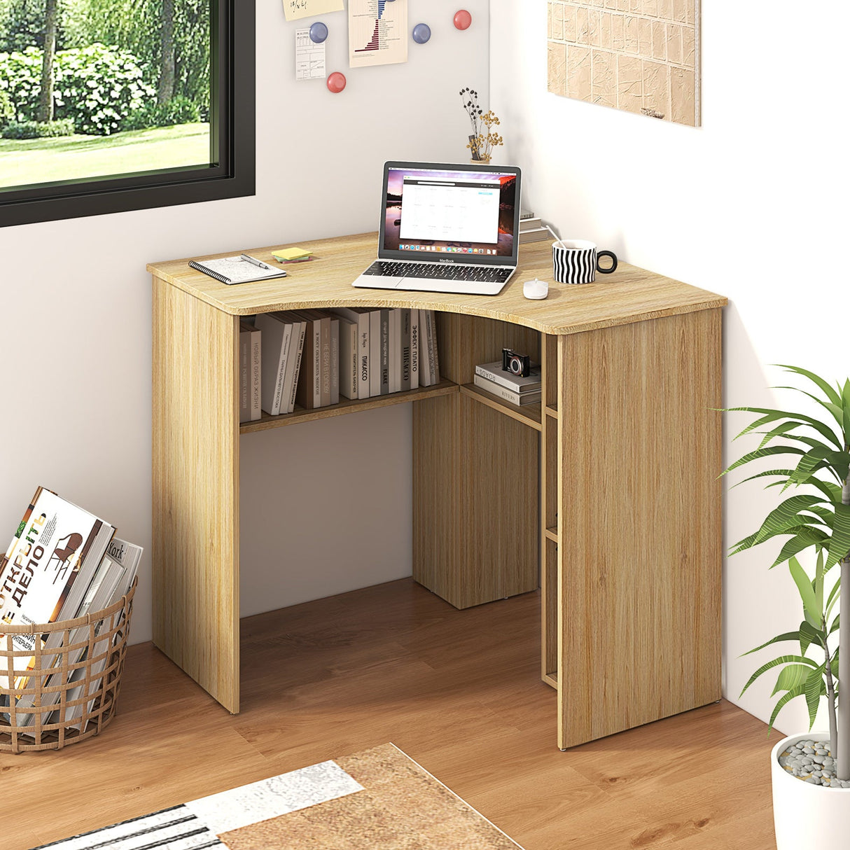 Escritorio esquinero para computadora, escritorio triangular para oficina en casa con estante ajustable y perfil en forma de arco