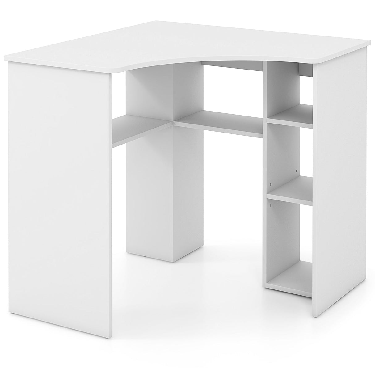 Escritorio esquinero para computadora, escritorio triangular para oficina en casa con estante ajustable y perfil en forma de arco