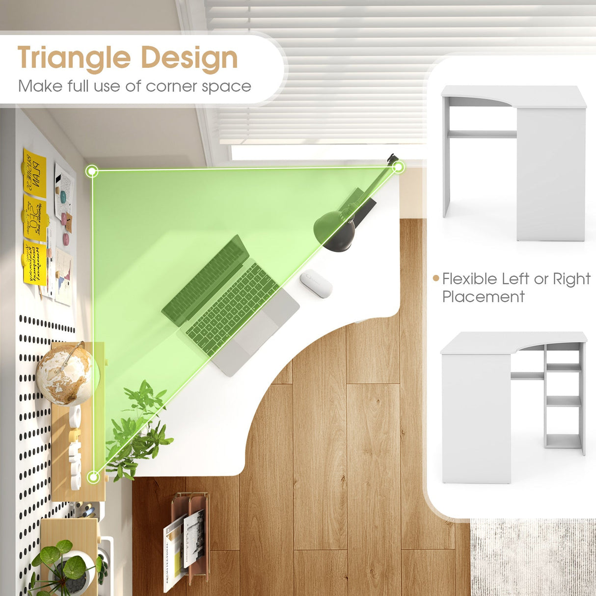 Escritorio esquinero para computadora, escritorio triangular para oficina en casa con estante ajustable y perfil en forma de arco