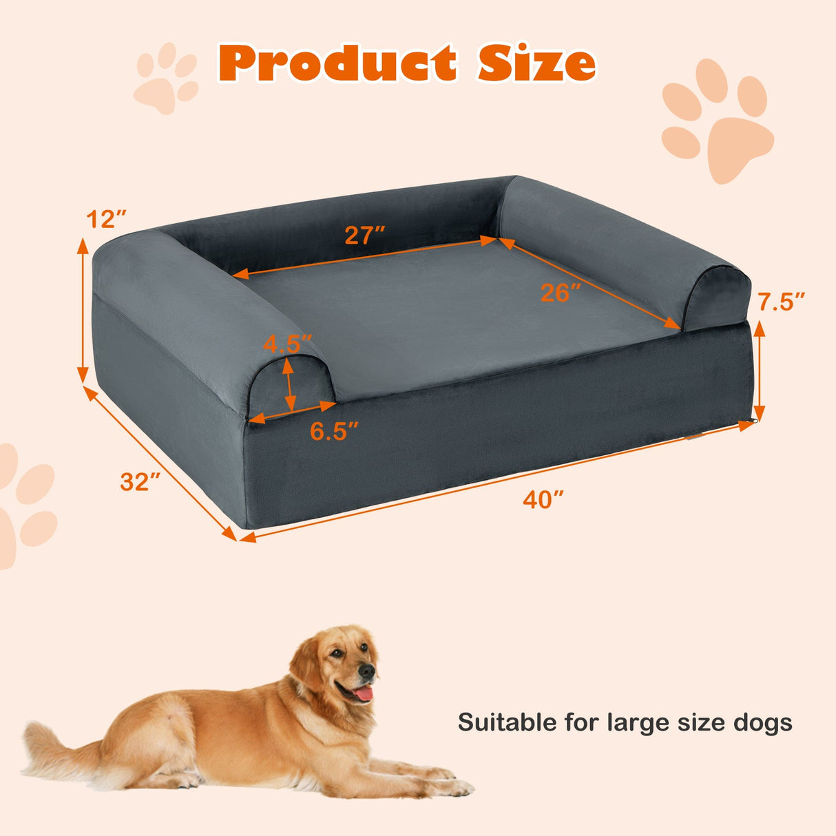 Cama ortopédica para perros, espuma viscoelástica con reposacabezas para perros grandes - Gris