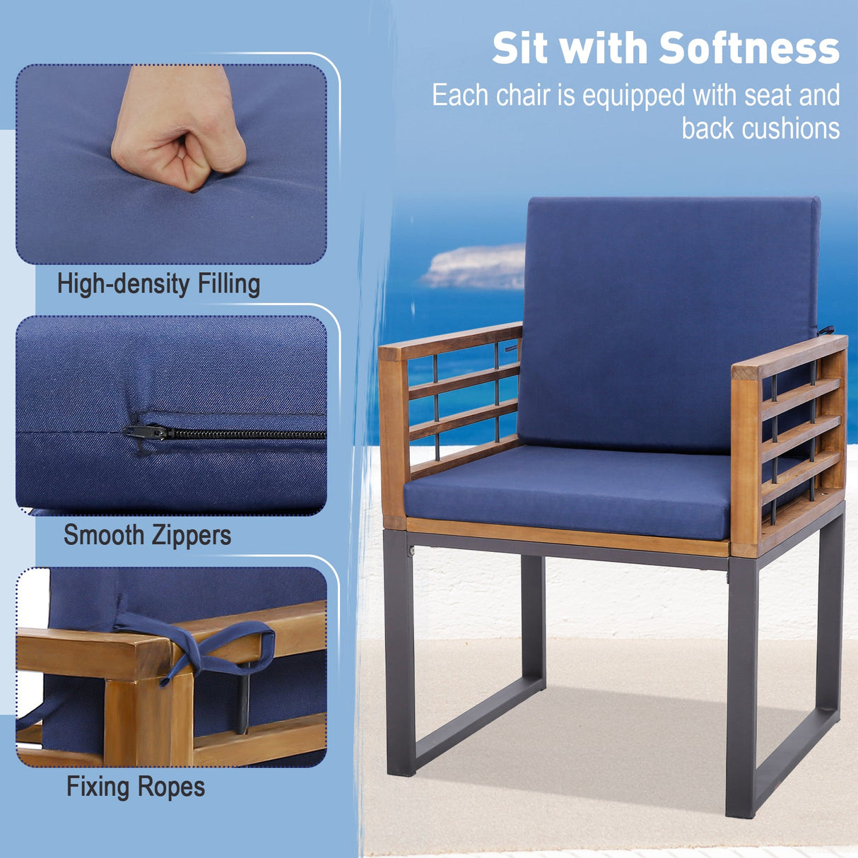 Juego de 6 sillas de comedor de patio de madera de acacia para exteriores con cojines de respaldo - Azul marino