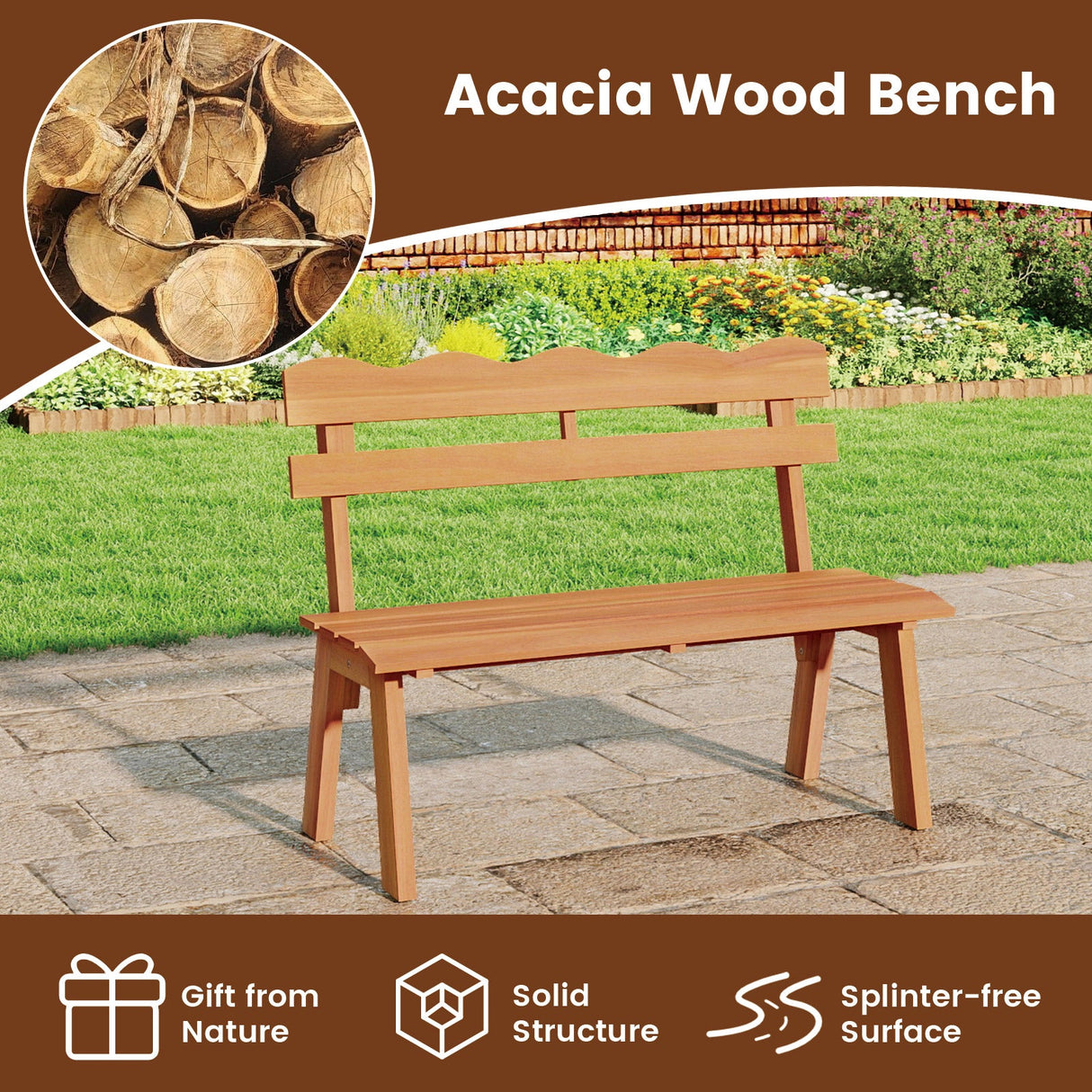 Banco de jardín de madera de acacia para exteriores con capacidad de peso de 362 kg