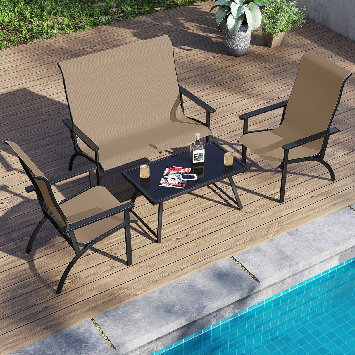 Sillón Adirondack de exterior con respaldo alto y estructura de metal para jardín o porche - Café
